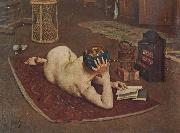 Bernard Hall Nude Reading at studio fire oil painting